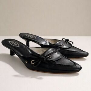 Tods Black Leather Pointed Toe Kitten Heel Mules Bow Detail Made in Italy 6.5